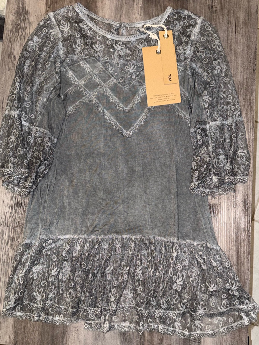 POL Sheer Lace-Trim Grey 3/4 Sleeve Tunic Dress